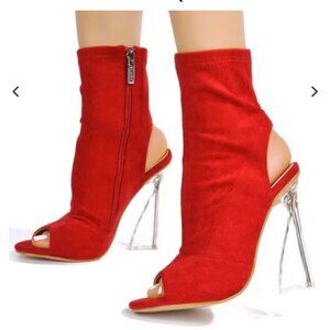 Women's Suede Red Ankle Bootie Peep Toe Clear Heels 9